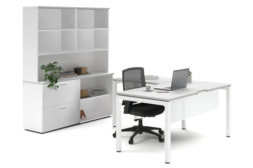 Quadro Square Legs L-Shaped Executive Setting - White Legs [1600L x 1800W with Cable Scallop]-white lateral 2 drawer + open bookcase open hutch