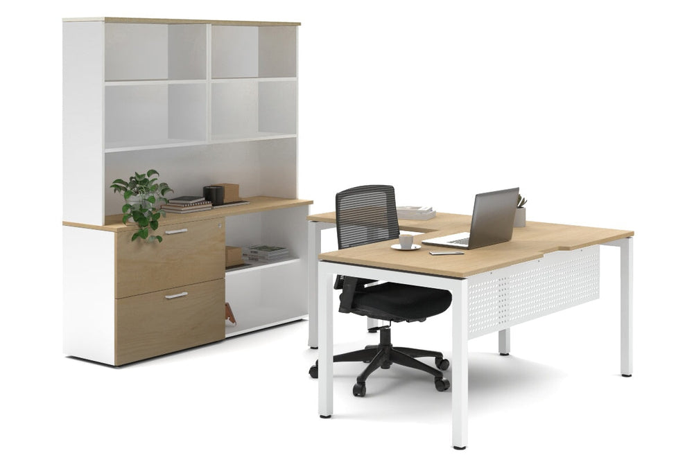 Quadro Square Legs L-Shaped Executive Setting - White Legs [1600L x 1800W with Cable Scallop]-maple lateral 2 drawer + open bookcase open hutch