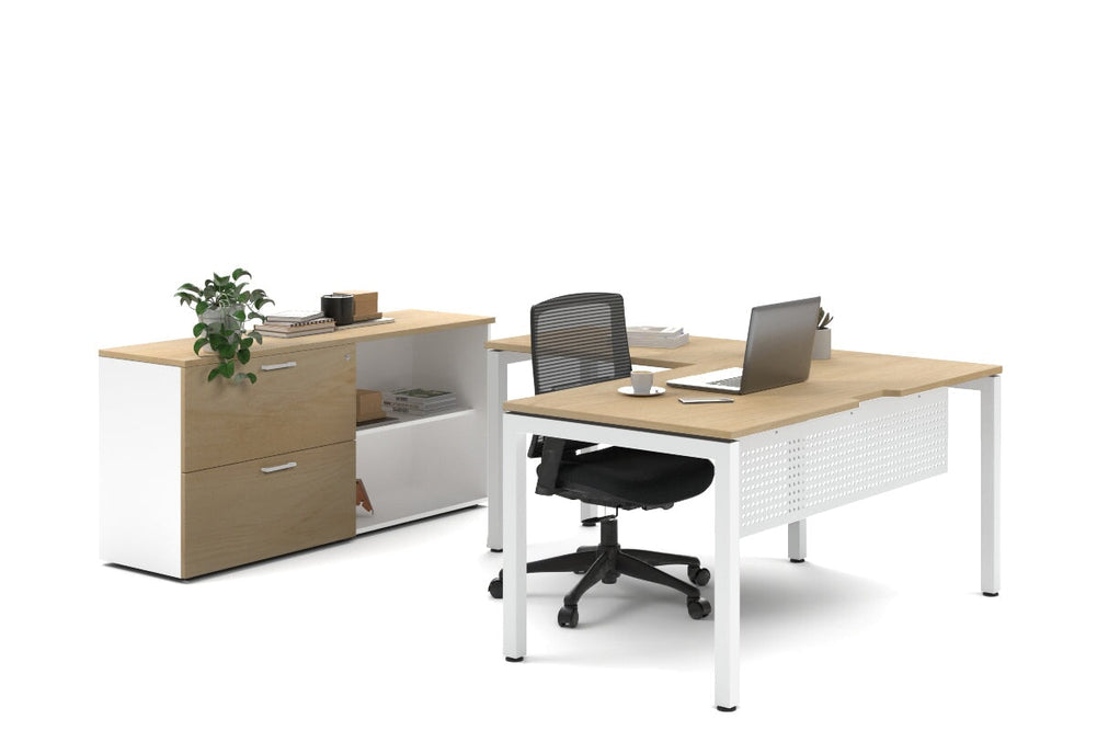 Quadro Square Legs L-Shaped Executive Setting - White Legs [1600L x 1800W with Cable Scallop]-maple lateral 2 drawer + open bookcase none