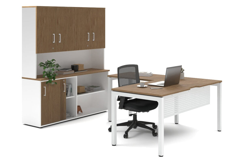 Quadro Square Legs L-Shaped Executive Setting - White Legs [1600L x 1800W with Cable Scallop]-salvage oak sliding 2 door + open bookcase closed hutch