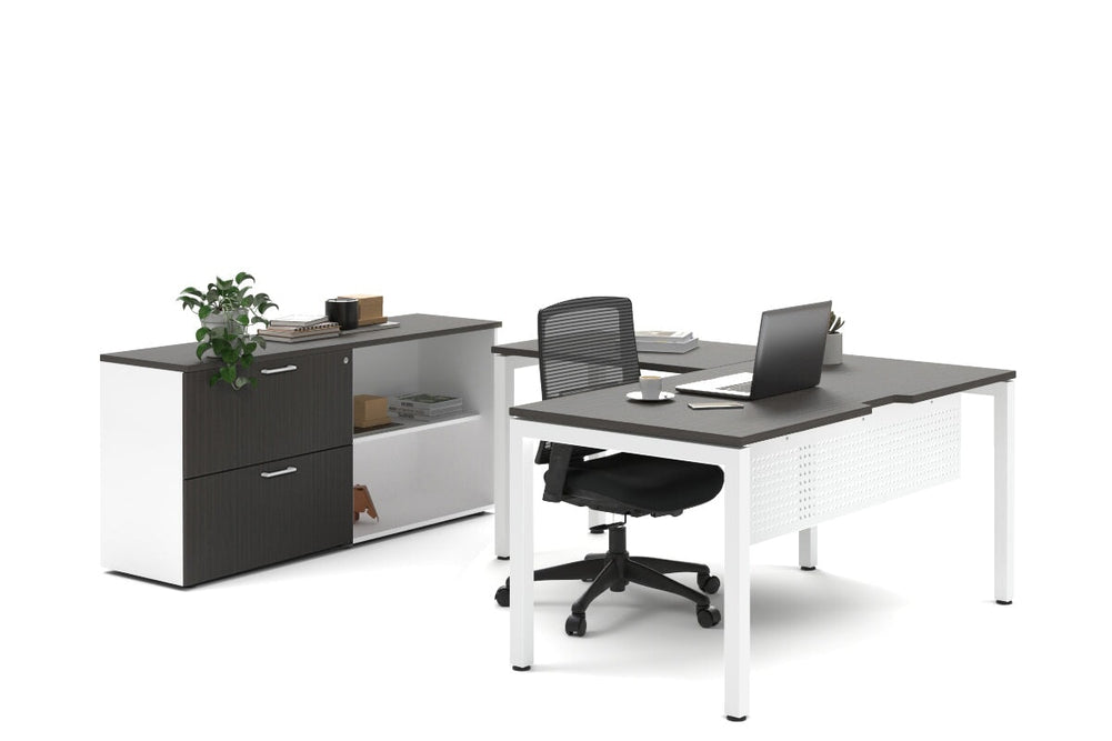 Quadro Square Legs L-Shaped Executive Setting - White Legs [1800L x 1700W]-dark oak lateral 2 drawer + open bookcase none