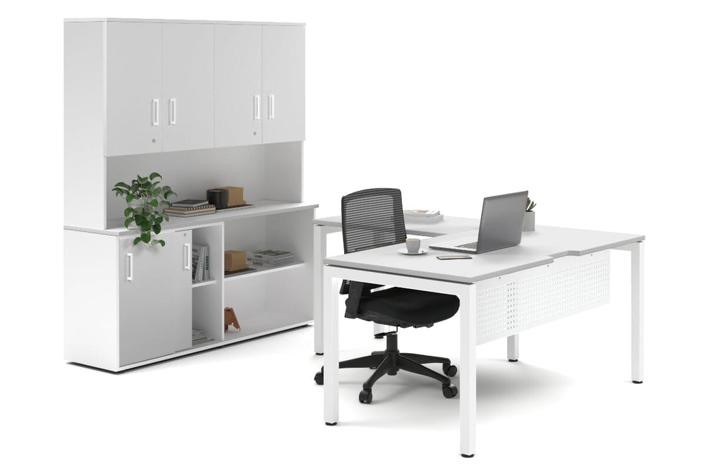 Quadro Square Legs L-Shaped Executive Setting - White Legs [1800L x 1700W]-white sliding 2 door + open bookcase closed hutch