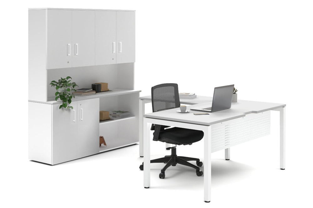 Quadro Square Legs L-Shaped Executive Setting - White Legs [1800L x 1800W with Cable Scallop]-white uniform 2 door + open bookcase closed hutch