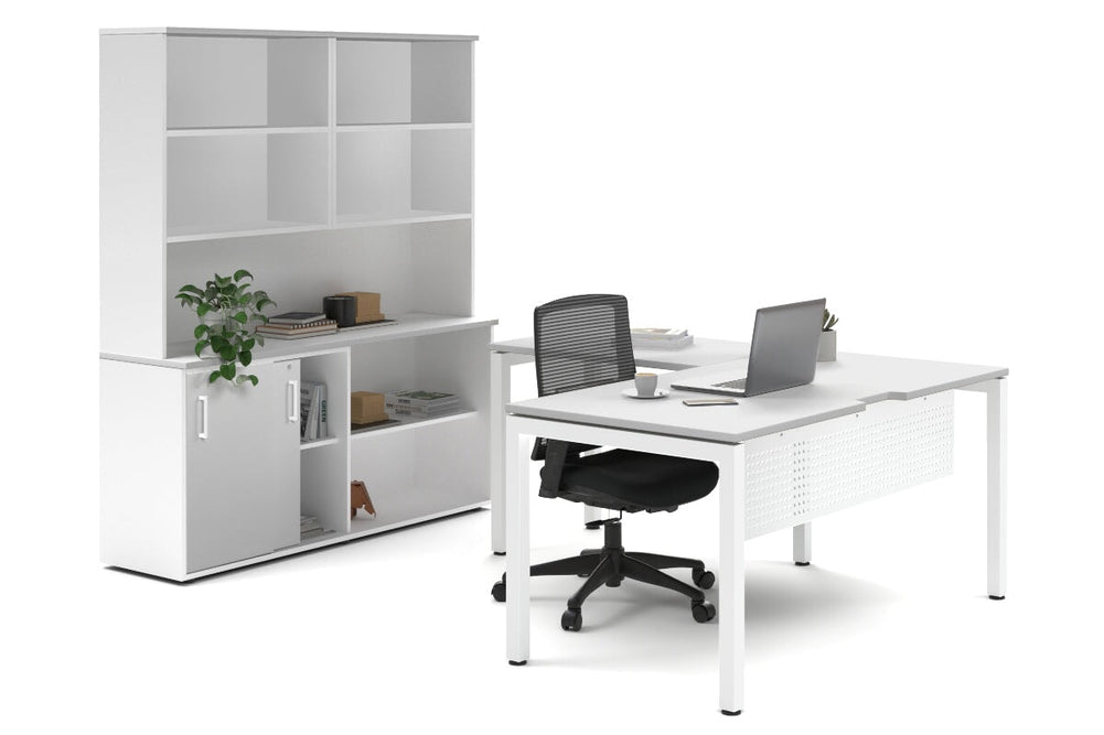 Quadro Square Legs L-Shaped Executive Setting - White Legs [1800L x 1800W with Cable Scallop]-white sliding 2 door + open bookcase open hutch