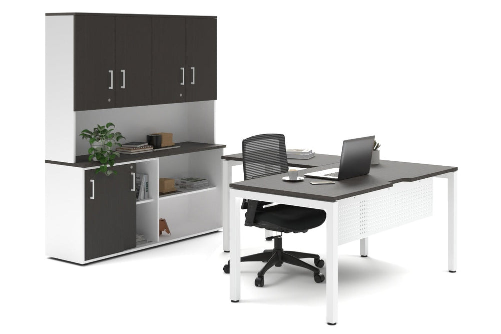 Quadro Square Legs L-Shaped Executive Setting - White Legs [1800L x 1800W with Cable Scallop]-dark oak sliding 2 door + open bookcase closed hutch