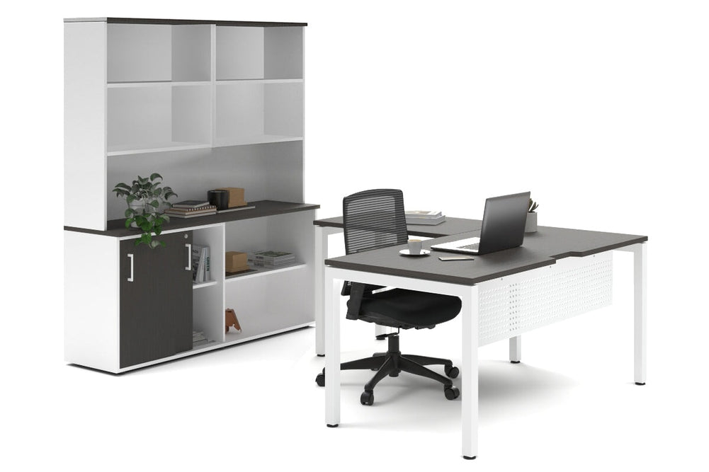 Quadro Square Legs L-Shaped Executive Setting - White Legs [1800L x 1800W with Cable Scallop]-dark oak sliding 2 door + open bookcase open hutch