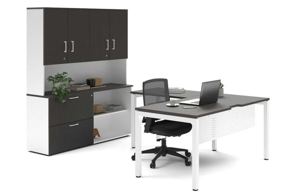 Quadro Square Legs L-Shaped Executive Setting - White Legs [1800L x 1800W with Cable Scallop]-dark oak lateral 2 drawer + open bookcase closed hutch