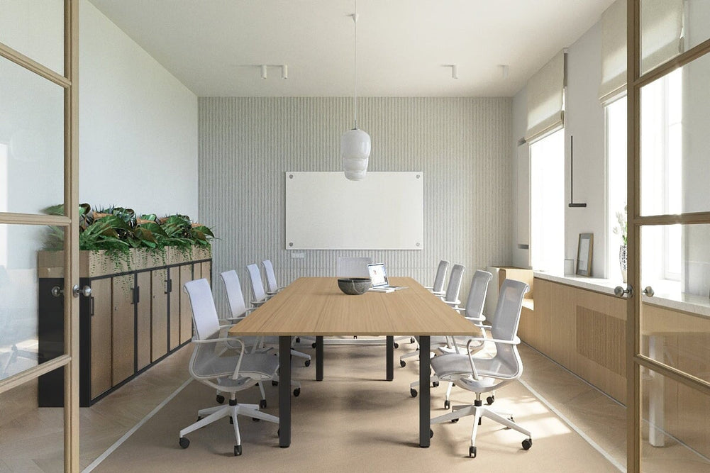 Quadro Square Legs Modern Boardroom Table - Rounded Corners [3200L x 1100W with Rounded Corners]-black leg dark oak power box