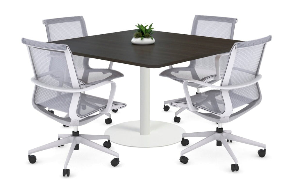 Sapphire Disc Base Boardroom Rectangle Table - Rounded Corners [1100L x 1100W with Rounded Corners]-white base dark oak 