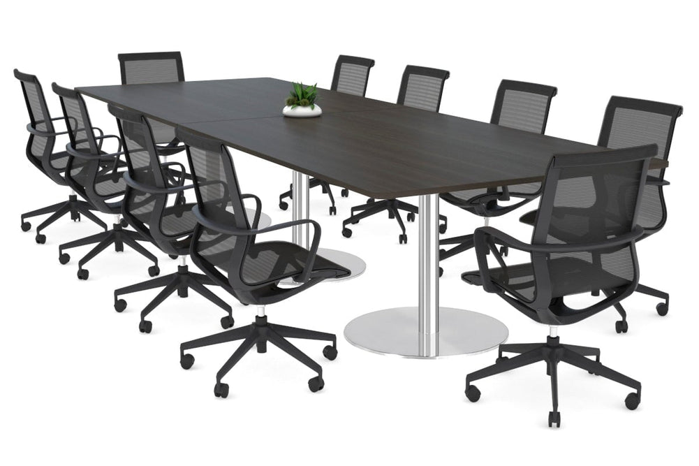 Sapphire Disc Base Boardroom Rectangle Table - Rounded Corners [3200L x 1100W with Rounded Corners]-stainless steel base dark oak 