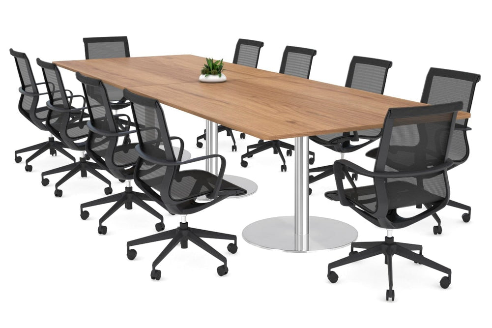 Sapphire Disc Base Boardroom Rectangle Table - Rounded Corners [3200L x 1100W with Rounded Corners]-stainless steel base salvage oak 