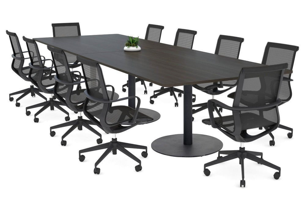 Sapphire Disc Base Boardroom Rectangle Table - Rounded Corners [3200L x 1100W with Rounded Corners]-black base dark oak 