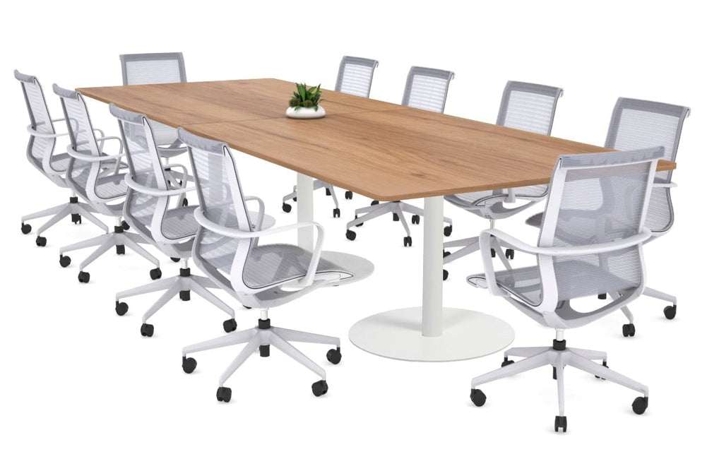 Sapphire Disc Base Boardroom Rectangle Table - Rounded Corners [3200L x 1100W with Rounded Corners]-white base salvage oak 