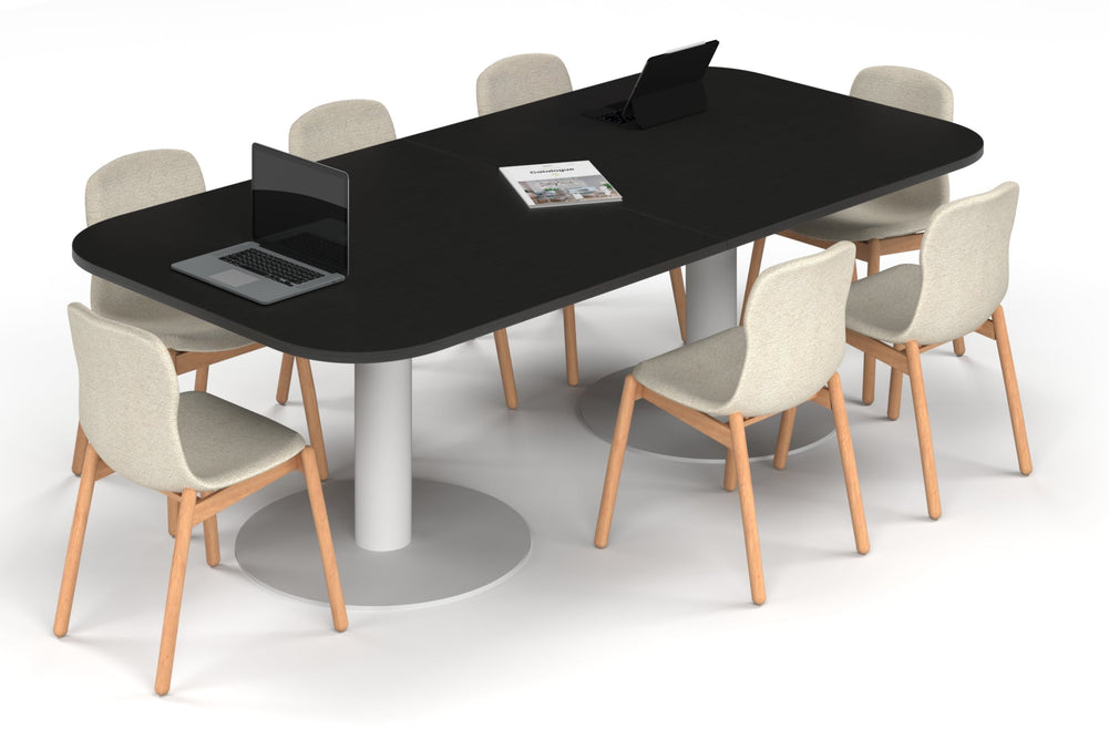 Sapphire Disc Base Boardroom Table - Large Rounded Corners [2400L x 1200W with Large Rounded Corners]-white leg black wood grain 