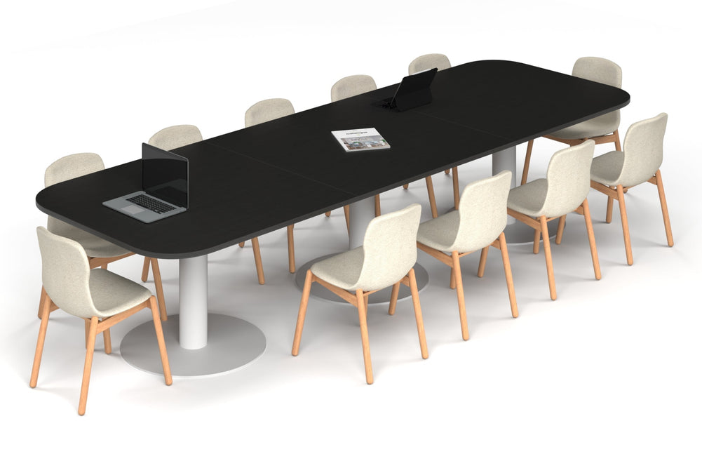 Sapphire Disc Base Boardroom Table - Large Rounded Corners [3600L x 1200W with Large Rounded Corners]-white leg black wood grain 