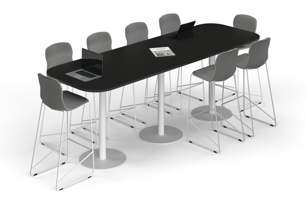 Sapphire Disc Base Counter Table - Large Rounded Corners [3000L x 1000W with Large Rounded Corners]-white leg black wood grain 