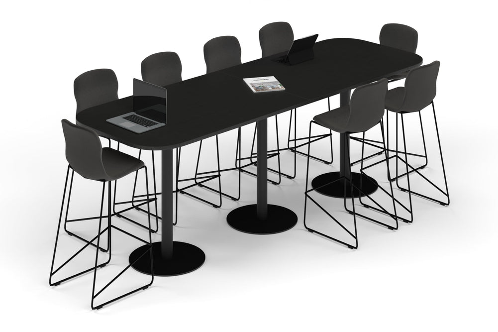 Sapphire Disc Base Counter Table - Large Rounded Corners [3000L x 1000W with Large Rounded Corners]-black leg black wood grain 