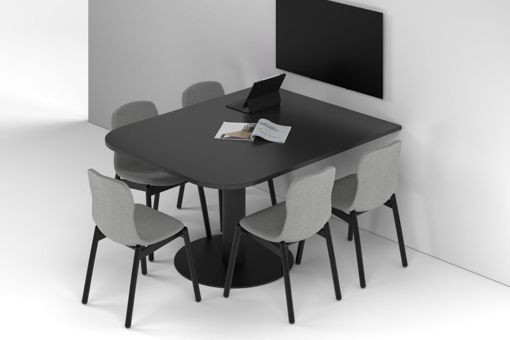 Sapphire Disc Base Half Meeting Table - Large Rounded Corners [1500L x 1200W with Large Rounded Corners]-black leg black wood grain 
