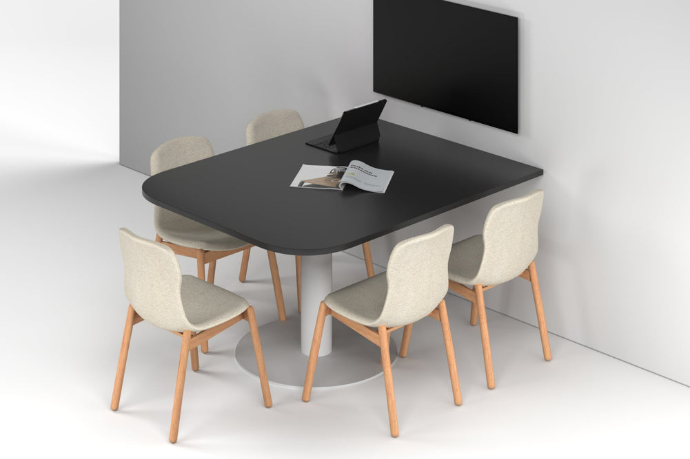 Sapphire Disc Base Half Meeting Table - Large Rounded Corners [1500L x 1200W with Large Rounded Corners]-white leg black wood grain 