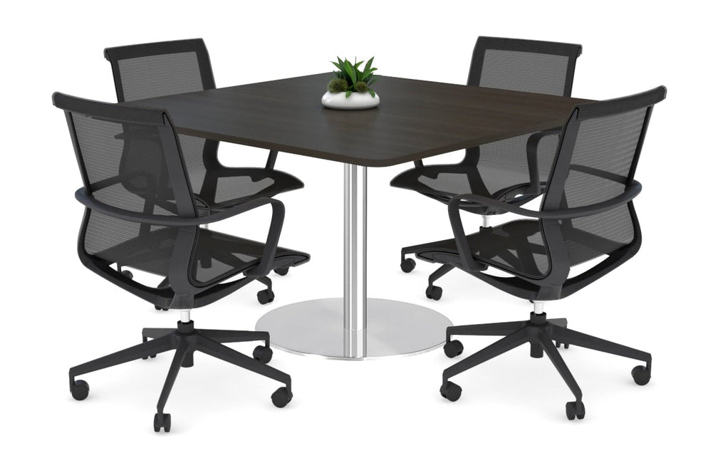 Sapphire Disc Base Boardroom Rectangle Table - Rounded Corners [1100L x 1100W with Rounded Corners]-stainless steel base dark oak 