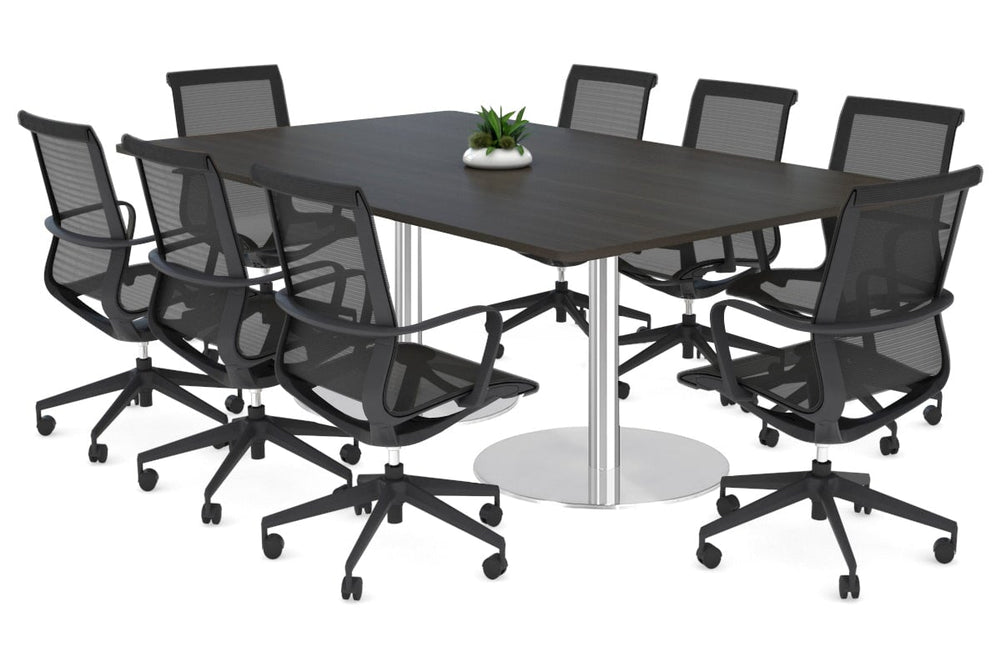 Sapphire Disc Base Boardroom Rectangle Table - Rounded Corners [1800L x 1100W with Rounded Corners]-stainless steel base dark oak 