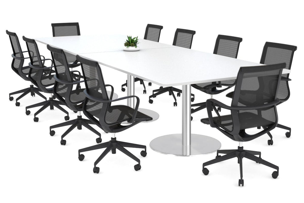 Sapphire Disc Base Boardroom Rectangle Table - Rounded Corners [3200L x 1100W with Rounded Corners]-stainless steel base white 