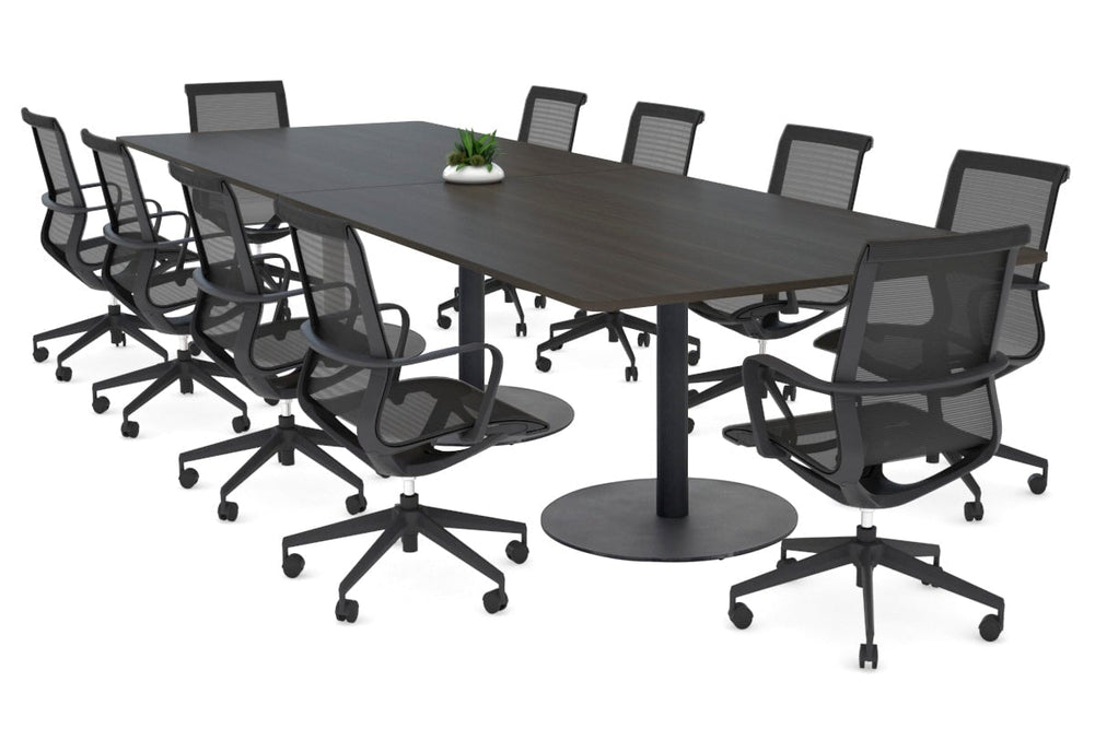 Sapphire Disc Base Boardroom Rectangle Table - Rounded Corners [3200L x 1100W with Rounded Corners]-black base dark oak 