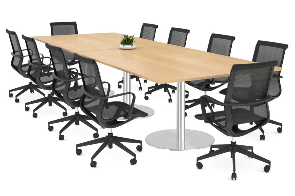 Sapphire Disc Base Boardroom Rectangle Table - Rounded Corners [3200L x 1100W with Rounded Corners]-stainless steel base maple 