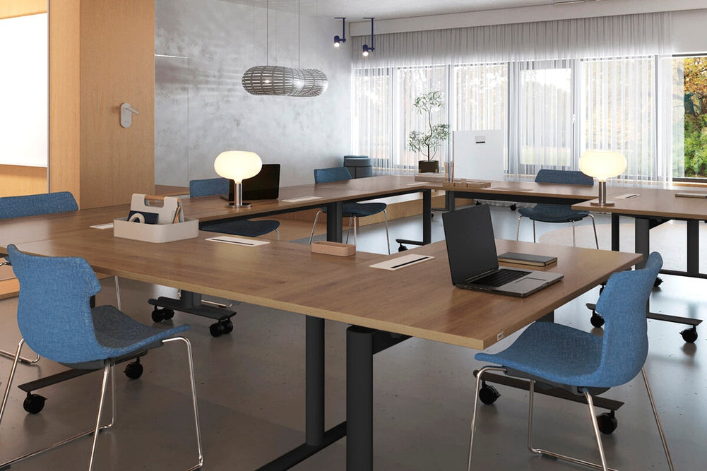 Solana Multi 6 Person Flip Top Tables [4200L x 1400W]-black leg dark oak in-desk 4 power 6 data