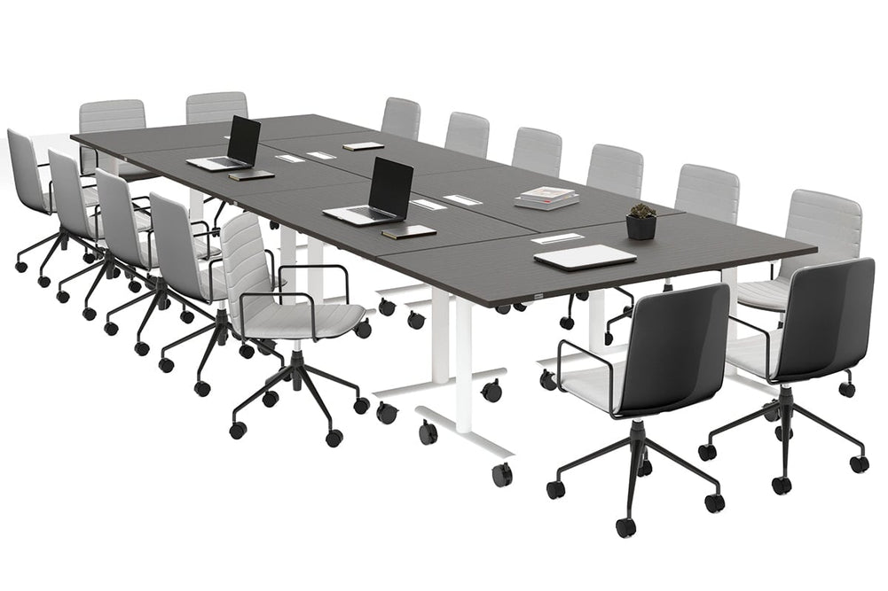 Solana Multi 6 Person Flip Top Tables [4200L x 1400W]-white leg dark oak in-desk 4 power 6 data