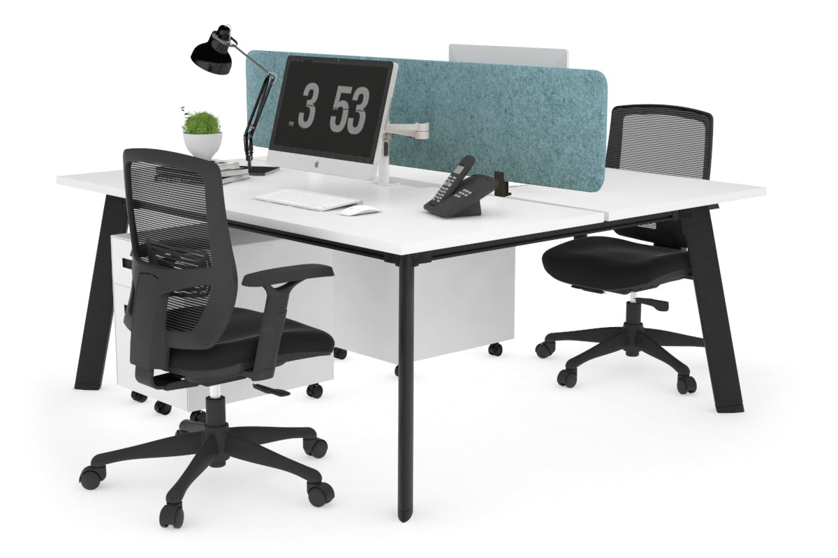 Switch - 2 Person Workstation Black Frame [1200L x 800W with Cable Scallop]-white blue echo panel (400H x 1200W) 