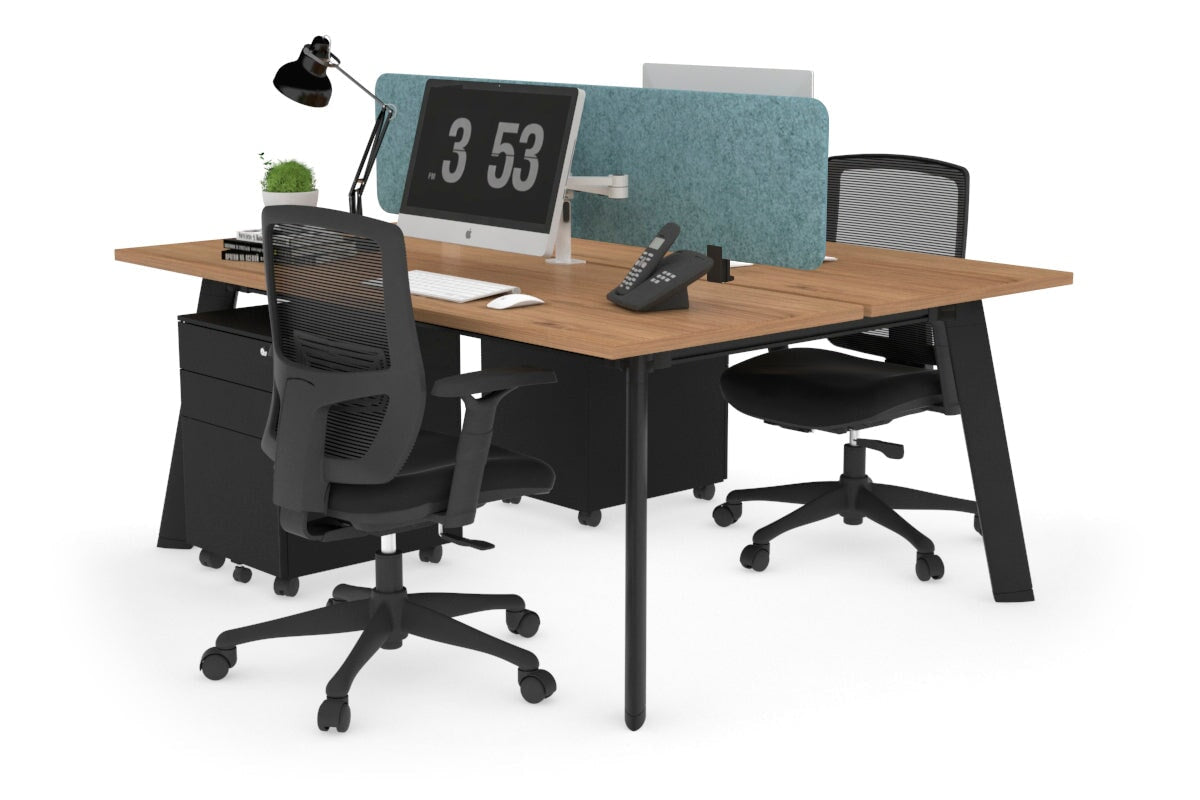 Switch - 2 Person Workstation Black Frame [1400L x 700W]-salvage oak blue echo panel (400H x 1200W) 