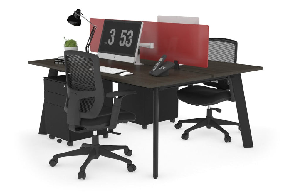 Switch - 2 Person Workstation Black Frame [1600L x 700W]-dark oak red perspex (400H x 1500W) 