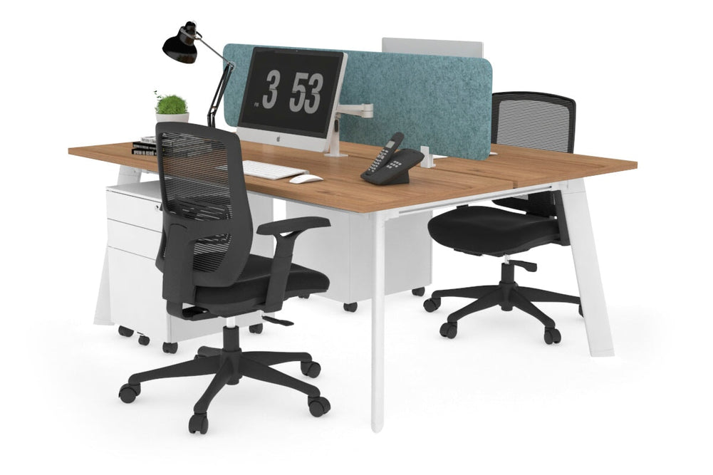 Switch - 2 Person Workstation White Frame [1400L x 700W]-salvage oak blue acoustic panel (400H x 1200W) 