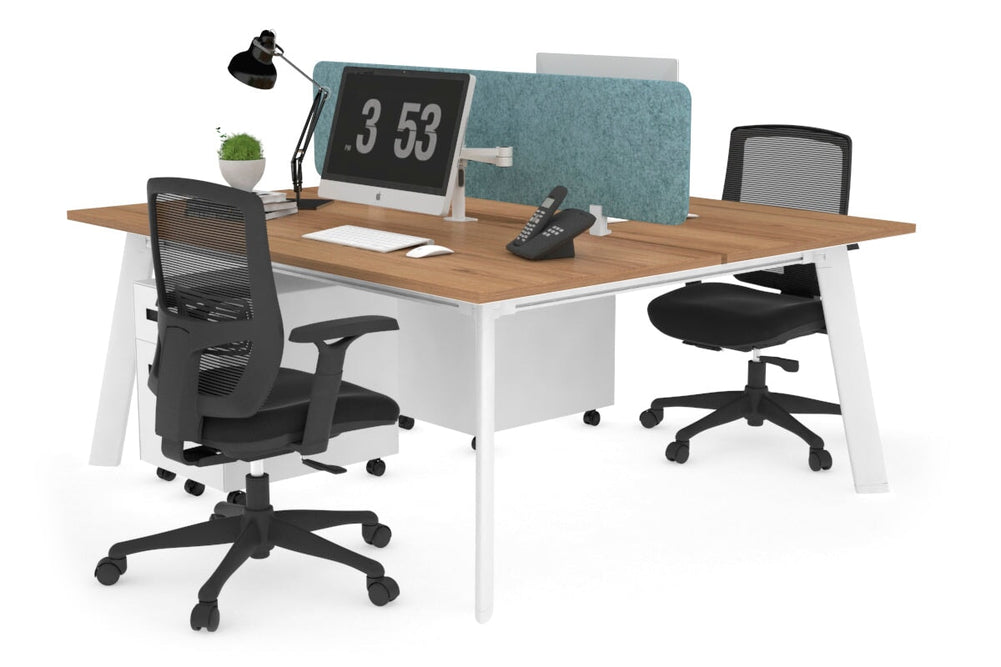 Switch - 2 Person Workstation White Frame [1400L x 800W with Cable Scallop]-salvage oak blue acoustic panel (400H x 1200W) 