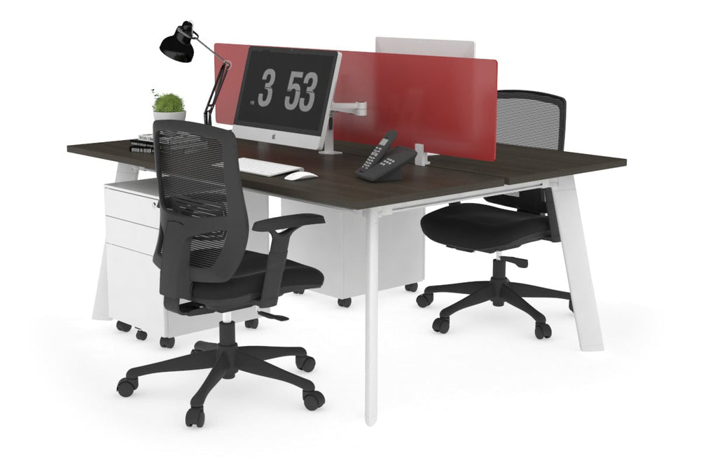 Switch - 2 Person Workstation White Frame [1600L x 700W]-dark oak red perspex (400H x 1500W) 