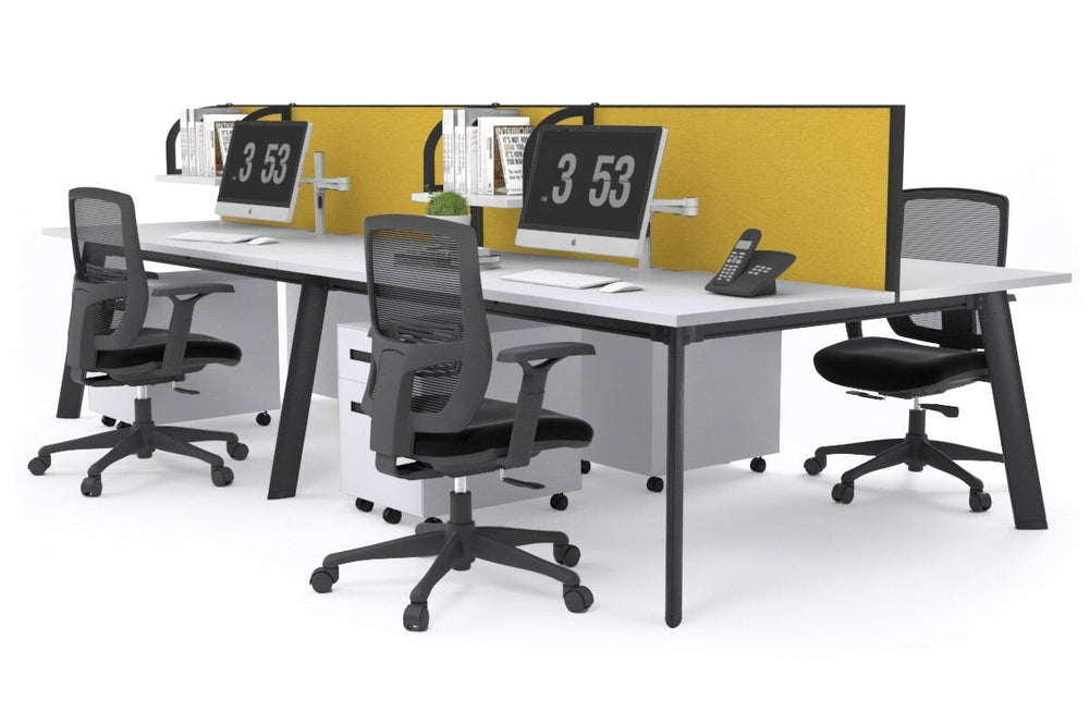 Switch - 4 Person Workstation Black Frame [1400L x 800W with Cable Scallop]-white mustard yellow (500H x 1400W) 