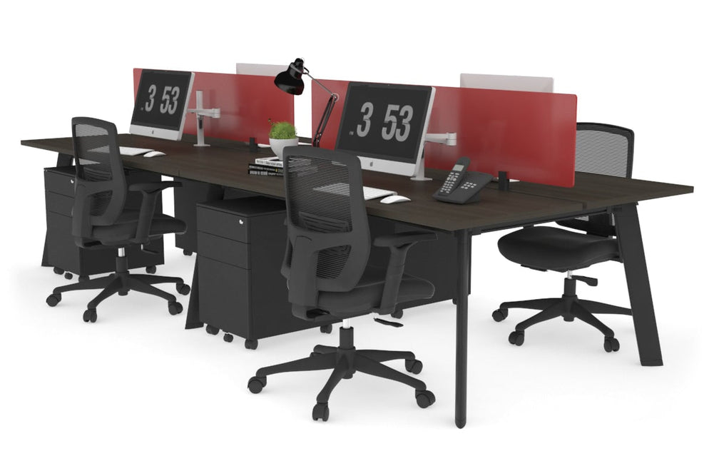 Switch - 4 Person Workstation Black Frame [1600L x 700W]-dark oak red perspex (400H x 1500W) 