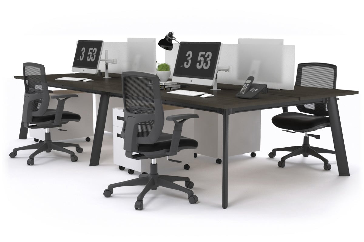 Switch - 4 Person Workstation Black Frame [1600L x 800W with Cable Scallop]-dark oak white perspex (400H x 1500W) 