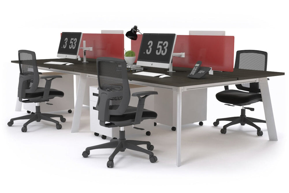 Switch - 4 Person Workstation White Frame [1200L x 800W with Cable Scallop]-dark oak red perspex (400H x 800W) 
