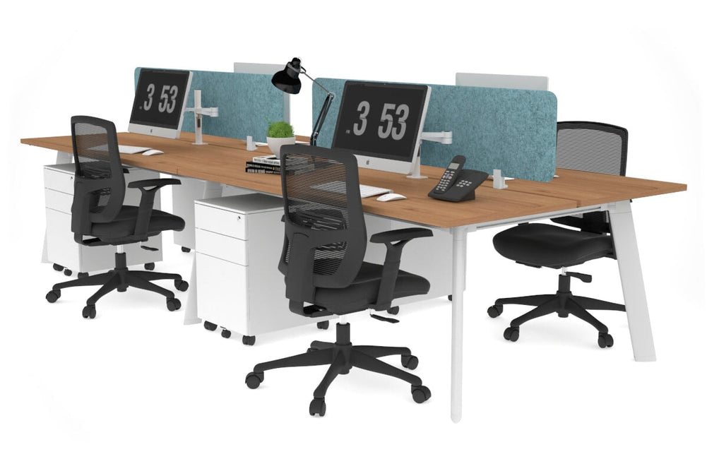 Switch - 4 Person Workstation White Frame [1400L x 700W]-salvage oak blue acoustic panel (400H x 1200W) 