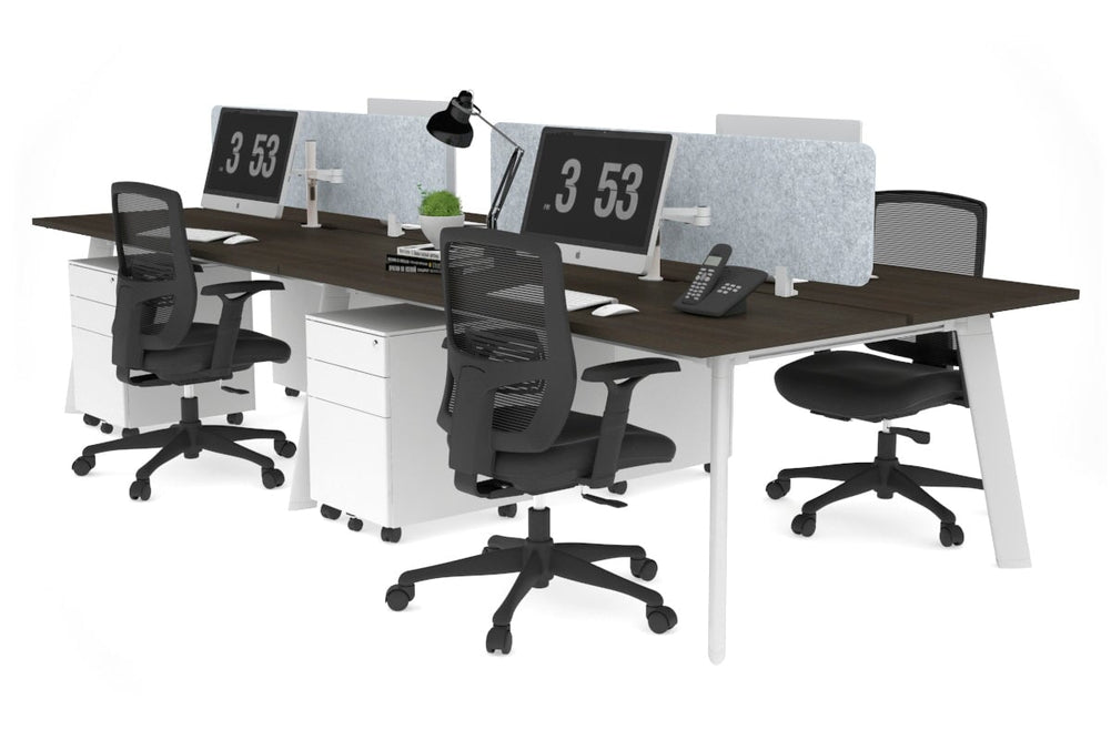 Switch - 4 Person Workstation White Frame [1400L x 800W with Cable Scallop]-dark oak light grey acoustic panel (400H x 1200W) 