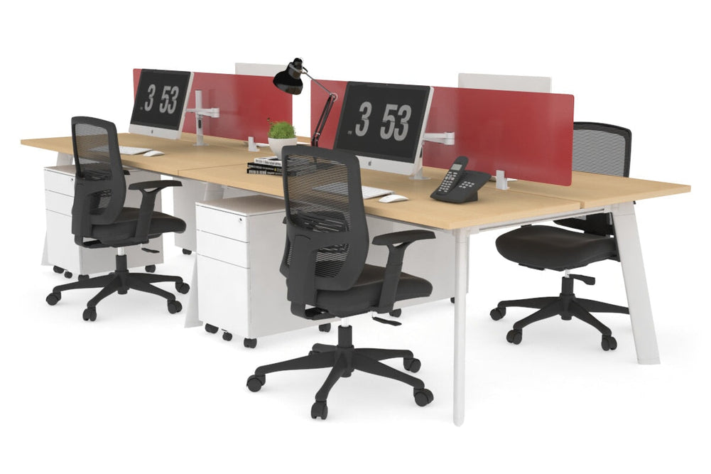 Switch - 4 Person Workstation White Frame [1600L x 700W]-maple red perspex (400H x 1500W) 