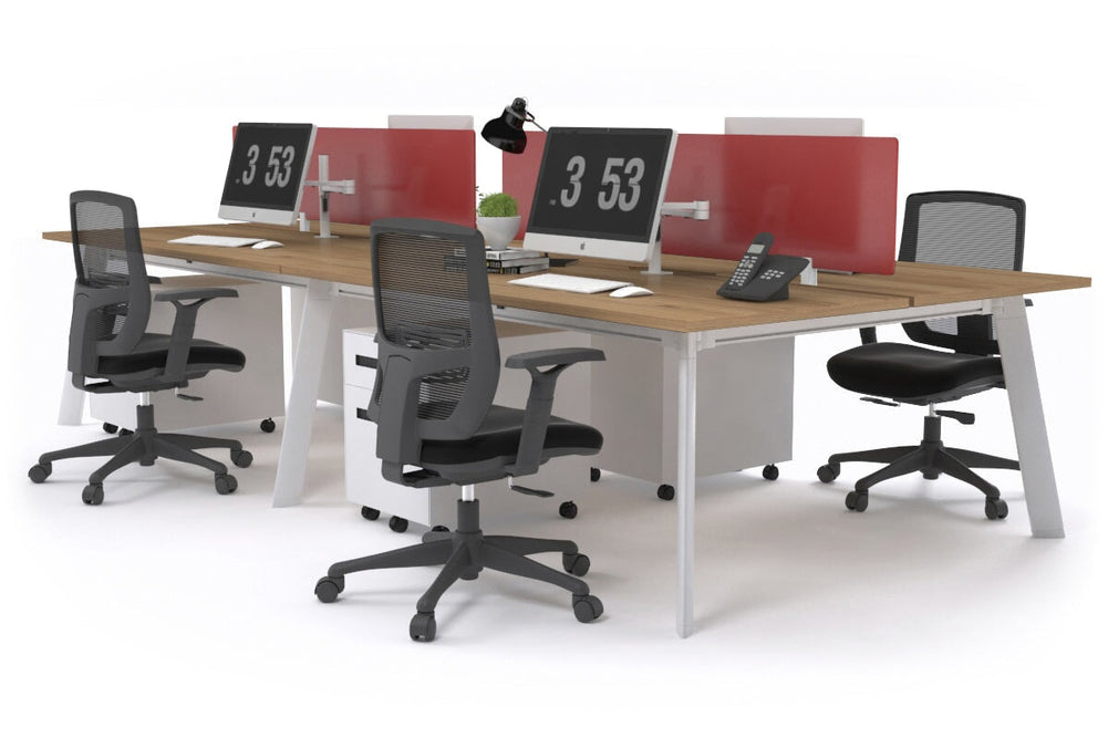 Switch - 4 Person Workstation White Frame [1600L x 800W with Cable Scallop]-salvage oak red perspex (400H x 1500W) 