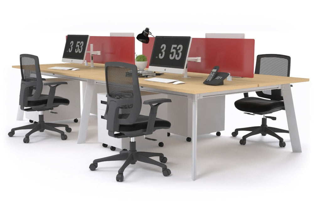 Switch - 4 Person Workstation White Frame [1600L x 800W with Cable Scallop]-maple red perspex (400H x 1500W) 