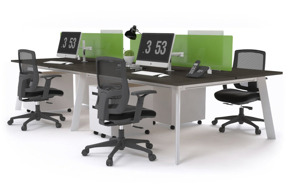 Switch - 4 Person Workstation White Frame [1600L x 800W with Cable Scallop]-dark oak green perspex (400H x 1500W) 