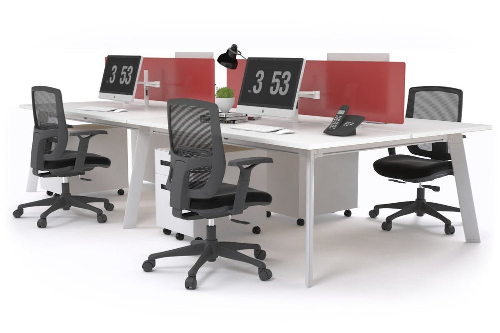 Switch - 4 Person Workstation White Frame [1800L x 800W with Cable Scallop]-white red perspex (400H x 1500W) 