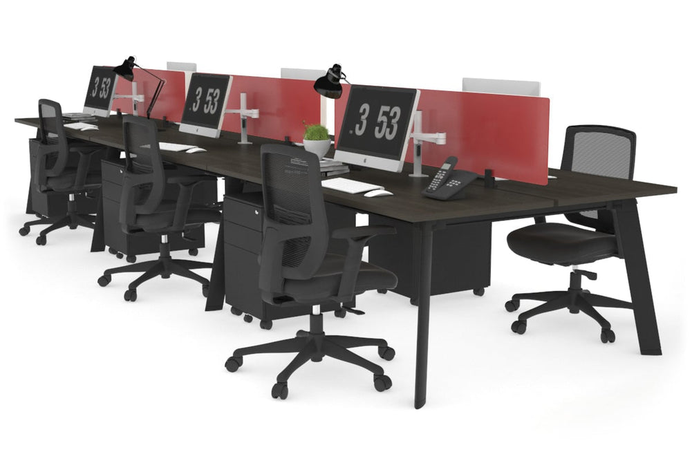 Switch - 6 Person Workstation Black Frame [1600L x 700W]-dark oak red perspex (400H x 1500W) 