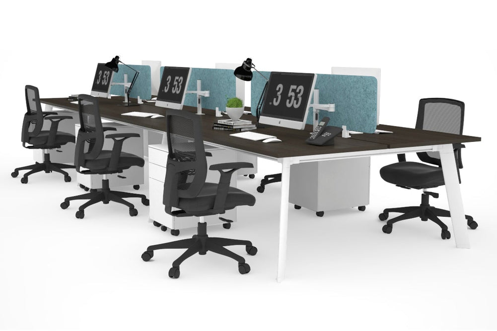 Switch - 6 Person Workstation White Frame [1400L x 800W with Cable Scallop]-dark oak blue acoustic panel (400H x 1200W) 