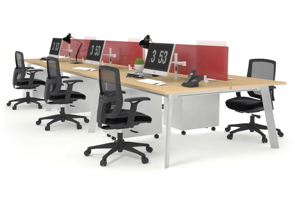 Switch - 6 Person Workstation White Frame [1400L x 800W with Cable Scallop]-maple red perspex (400H x 800W) 